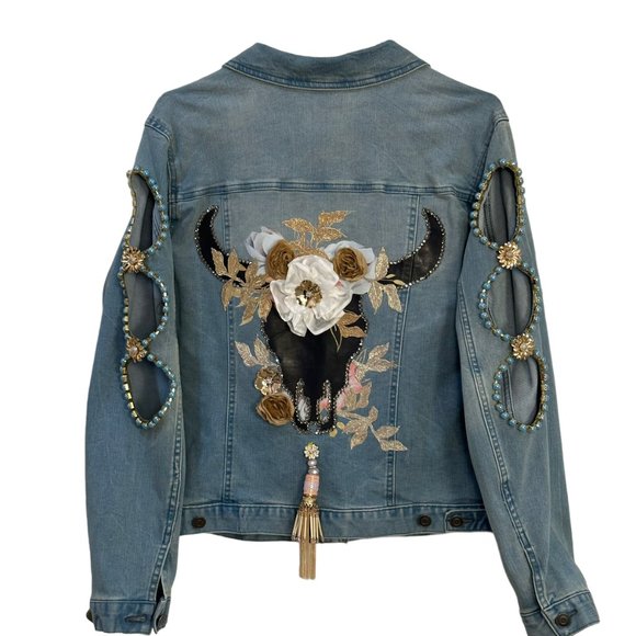 (H-219) Embellished Denim Jean Jacket Size L - Picture 9 of 12